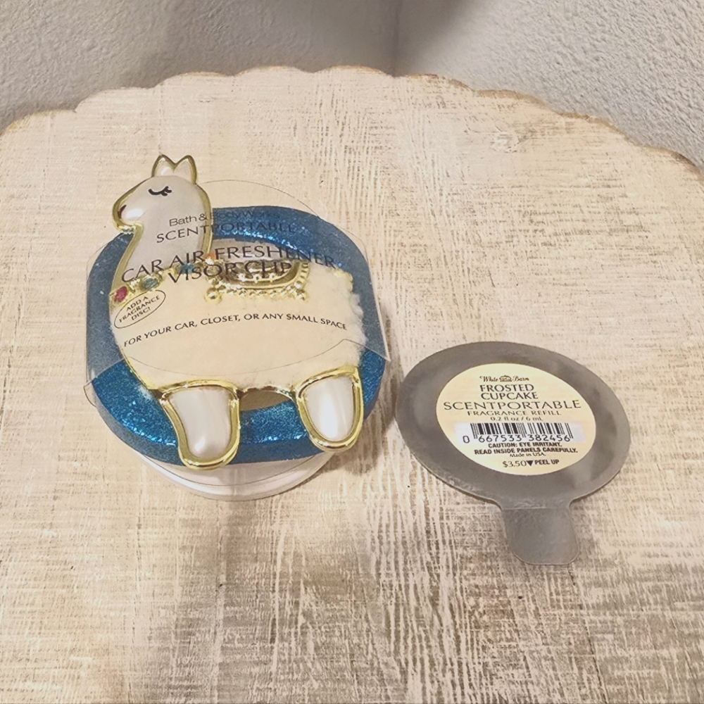 Bath & Body Works Llama Car Scentportable Holder Visor Clip + Frosted Cupcake